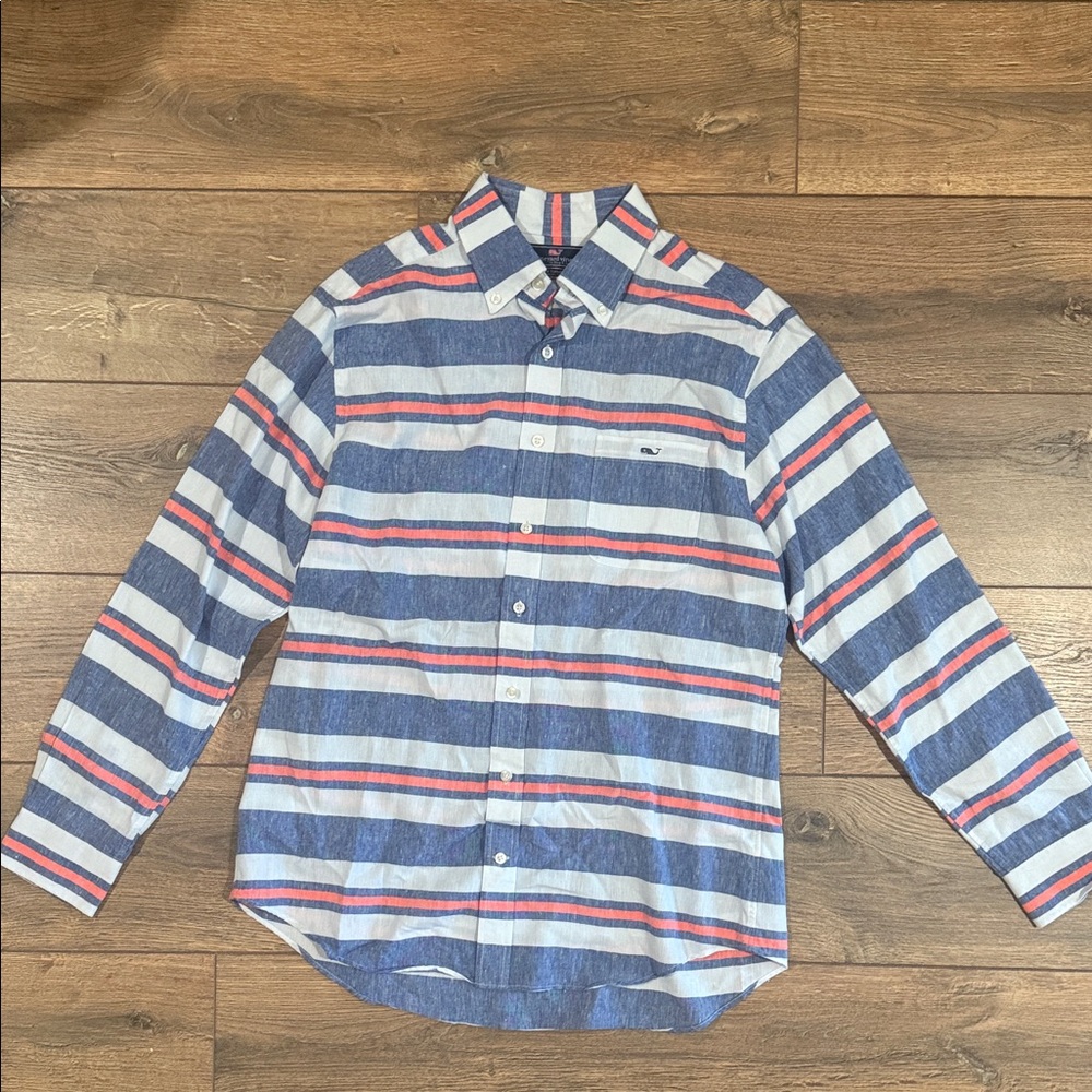 Vineyard Vines Men's Blue and Salmon Striped Shirt